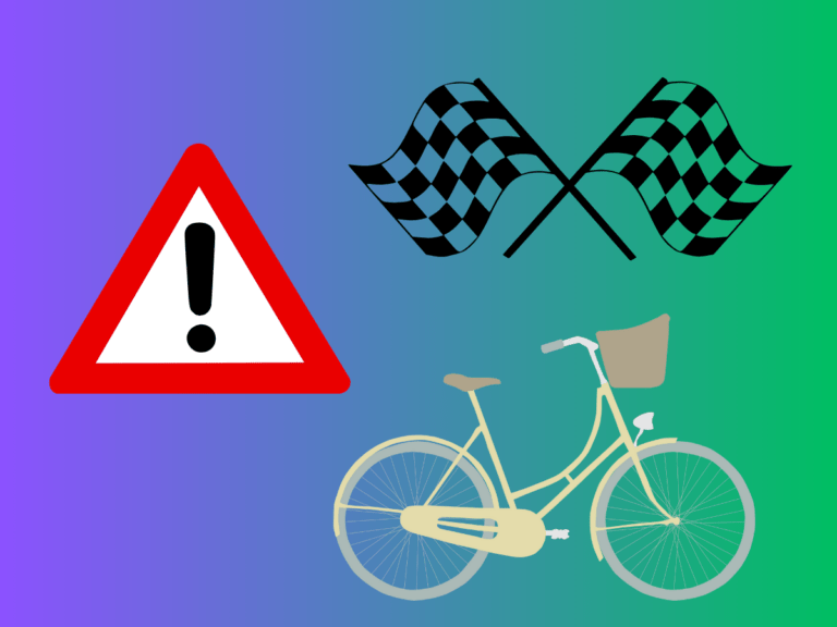 Bild mit Warnzeichen, Flagge von Autorennen und Fahrrad